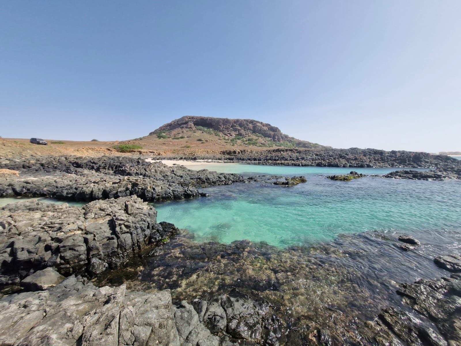 Lagoon and volcanic mountain landscape in Boa Vista, Cape Verde
