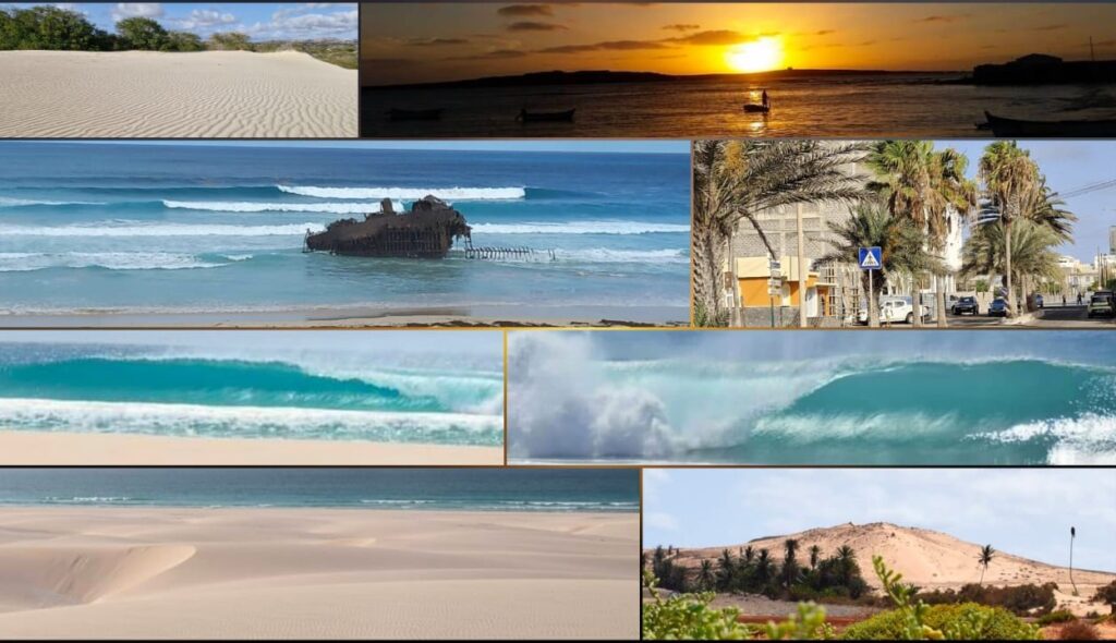 Collage of Boa Vista, Cape Verde showing beaches, desert landscape and ocean views