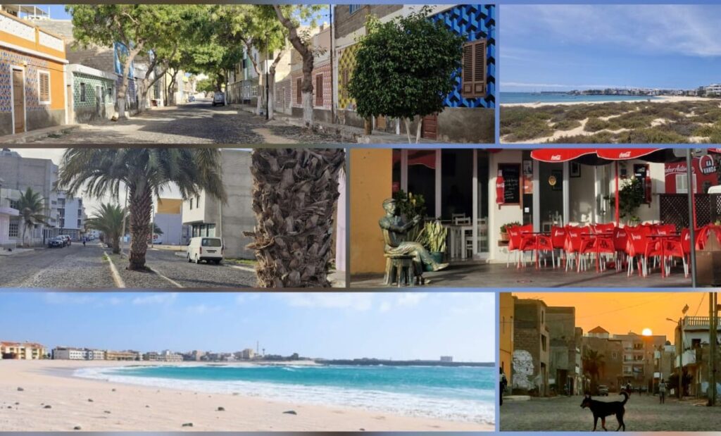 Collage of Sal Rei in Boa Vista with streets, beach and local life in Cape Verde